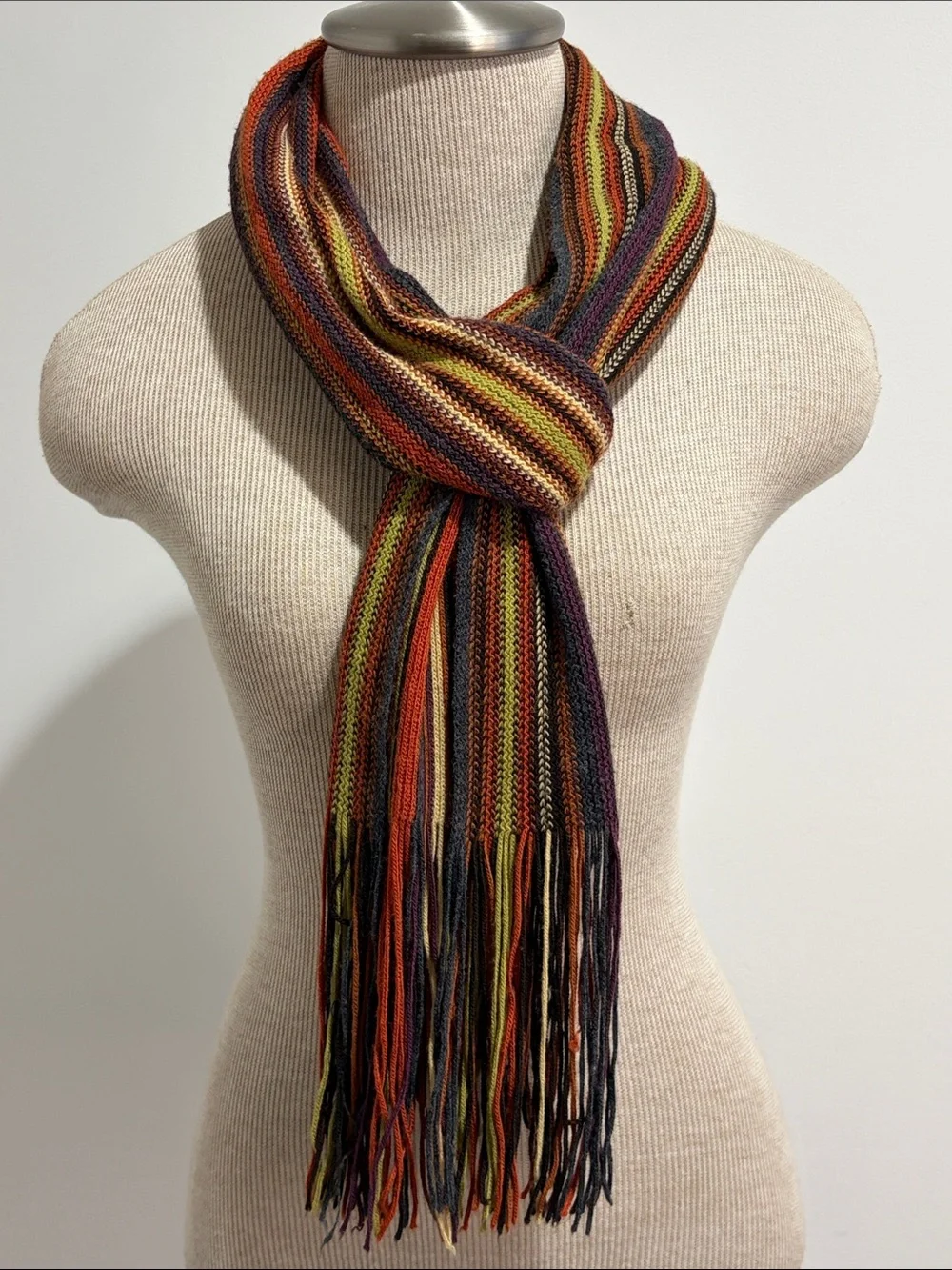Knit Multicolor Scarf with Fringe Earth Tones Fall Winter Unisex
